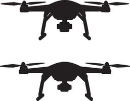 Two Sleek Black Drones Hovering Silhouetted Against a White Background A Dramatic and Mysterious Aerial View vector