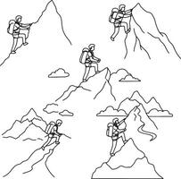 Serene Climbers Ascending Majestic Mountain Peaks A Black and White Line Art Illustration of Adventurous Hikers Conquering Challenging Terrain Under a Peaceful Sky vector