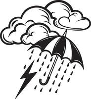 Dramatic Stormy Weather Illustration Umbrella Under Dark Clouds with Rain and Lightning Bolt - Professional digital artwork with vibrant colors and detailed composition vector