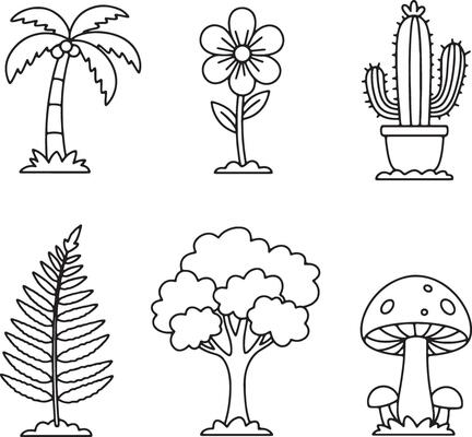 Adorable Line Art Illustrations of Six Diverse Plants Palm Tree, Flower, Cactus, Fern, Tree, and Mushrooms, Evoking a Serene and Whimsical Mood
