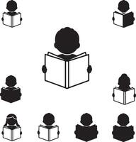 Diverse Children Immersed in Reading Books, Serene Educational Illustration, Simple Black and White Icons - Professional digital artwork with vibrant colors and detailed composition vector