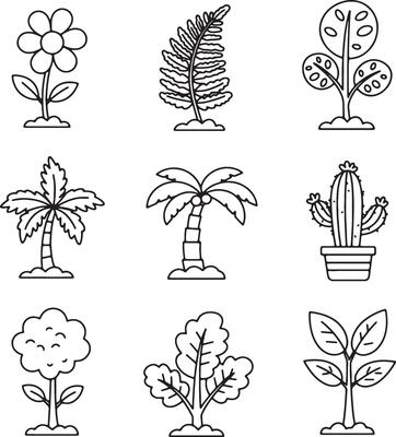 Handcrafted Botanical Collection of Trees, Cactus, Ferns, and Garden Flowers in Simple Line Art Form