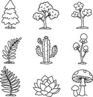 Charming Line Art Illustrations of Diverse Plants and Trees A Whimsical Collection of Natures Beauty vector