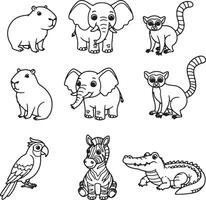 Adorable Line Art Drawings of African Safari Animals Capybara, Elephant, Lemur, Zebra, and Crocodile, Perfect for Childrens Books vector