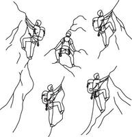 Adventurous Climbers Scaling Rocky Mountain Peaks A Dramatic Black and White Line Art Illustration - Professional digital artwork with vibrant colors and detailed composition vector