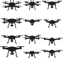 Collection of Twelve Stylish Black Silhouette Drones Hovering in a White Background, Illustrating Various Designs and Sizes vector