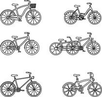 Charming Line Art Illustrations of Six Different Bicycle Types Single, Double, and Tandem Bikes, Perfect for Cycling Enthusiasts vector