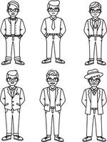 Six Stylish Men in Various Outfits Posing Against a Clean White Background A Collection of Line Art Illustrations vector