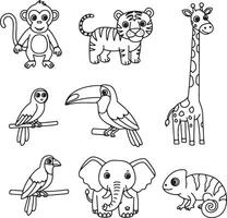 Adorable Outline Drawings of Jungle Animals Monkey, Tiger, Giraffe, Toucan, Owl, Bird, Elephant, and Chameleon in a Whimsical Mood vector