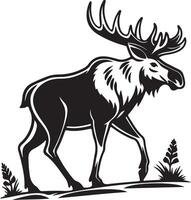 Majestic Moose Walking Through Serene Wilderness A Striking Black and White Illustration of a North American Elk vector