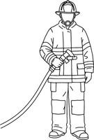 Brave Firefighter Ready for Action, Holding Hose, in Full Uniform, Serious Mood, Line Art Illustration vector