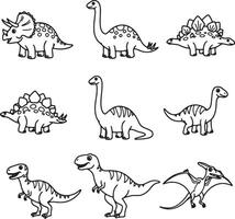 Adorable Cartoon Dinosaurs Eight Prehistoric Creatures in a Cute, Black and White Illustration - Professional digital artwork with vibrant colors and detailed composition vector