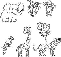Adorable African Safari Animals Coloring Page Cute Elephant, Monkeys, Giraffe, Parrot, and Cheetah in a Joyful Setting vector