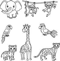 Adorable Jungle Animals Coloring Page Cute Elephant, Monkeys, Giraffe, Tiger, Cheetah, and Parrots in a Playful Setting vector