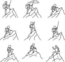 Nine Dynamic Line Drawings of Hikers Ascending Rocky Mountain Peaks, Illustrating Adventure and Perseverance - Professional digital artwork with vibrant colors and detailed composition vector