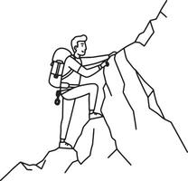 Determined Hiker Ascending Rugged Mountain Peak A Dramatic Black and White Line Art Illustration - Professional digital artwork with vibrant colors and detailed composition vector