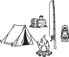 Serene Camping Scene Tent, Fire, Fishing Rod, and Lantern in Rustic Wilderness - Professional digital artwork with vibrant colors and detailed composition vector