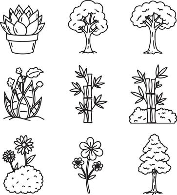 Serene Line Art Illustrations of Various Plants and Trees Peaceful Botanical Collection for Design Projects