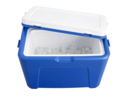 A blue and white cooler with ice in it png