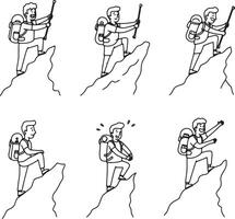 Six Adventurous Hikers Ascending Rocky Mountain Peaks A Set of Line Drawings Illustrating a Thrilling Outdoor Journey vector
