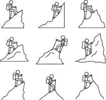 Nine Line Drawings of Hikers Ascending Rocky Mountains, Illustrating Various Climbing Techniques and a Motivational Mood vector
