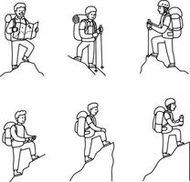 Six Adventurous Hikers Conquer Mountain Peaks Line Art Illustration of a Serene and Challenging Outdoor Experience vector
