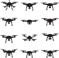 Twelve Silhouettes of Drones in Flight, Hovering Overhead, Air Photography Mood, Black and White Collection vector