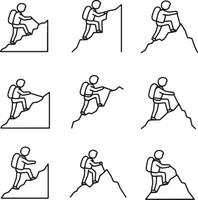 Nine Line Art Illustrations of Hikers Ascending Mountains Challenging Climbs in a Serene Outdoor Setting vector