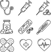 Simple Line Art Medical Icons Syringes, Stethoscope, Pills, Bandages, Thermometer, and Heartbeat Graphics for Healthcare Websites vector