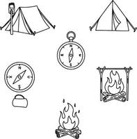 Serene Camping Adventure Hand-Drawn Line Art of Tents, Campfires, and Compasses - Professional digital artwork with vibrant colors and detailed composition vector