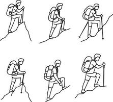 Six Hikers Ascending Mountain Peaks A Collection of Line Art Illustrations Depicting the Joy and Challenge of Hiking in Nature vector