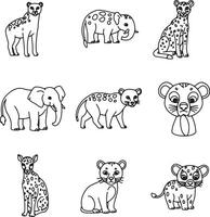 Adorable African Safari Animals Line Art Drawings of Elephants, Cheetahs, Hyenas, and Cubs in a Whimsical Style vector