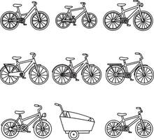 Nine Charming Line Drawings of Bikes and a Cart A Delightful Collection of Bicycle Illustrations for Happy Cycling Scenes vector