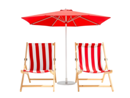 Two deck chairs with a red and white striped umbrella png