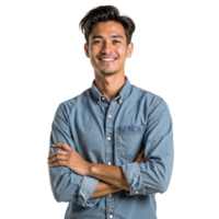 A man in a blue shirt smiling png