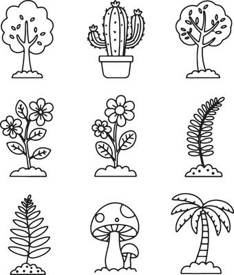 Charming Line Art Illustrations of Diverse Plants and Trees A Whimsical Collection of Botanical Drawings