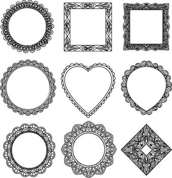 nueve elegante florido decorativo marcos circular, cuadrado, corazón, y único formas para diseño proyectos, un romántico y artístico estado animico vector