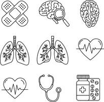 Serene Line Art Illustrations of Medical Icons Brain, Lungs, Heart, and Stethoscope, Depicting Healthcare and Wellness vector