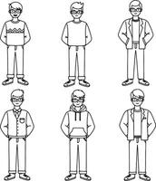 Six Stylish Young Men in Casual and Smart Outfits, Standing in a Calm and Relaxed Pose, Line Art Illustration vector