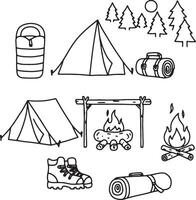 Serene Camping Adventure Hand-Drawn Illustrations of Tent, Fire, Sleeping Bag, and Hiking Boots in a Peaceful Forest Setting vector