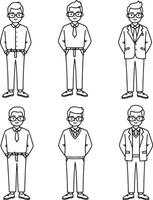 Six Stylish Men in Various Attires Casual, Formal, and Smart Casual Outfits Illustrated in Line Art vector