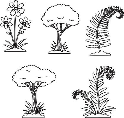 Charming Black and White Line Art Illustrations of Flowers, Trees, and Ferns in a Peaceful Setting