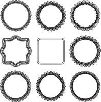 Elegant Collection of Nine Ornate Black and White Circular and Square Frames for Design Projects, Perfect for Wedding Invitations or Decorative Artwork vector