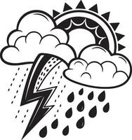 Dramatic Black and White Illustration of a Stormy Sun, Clouds, Lightning, and Rain, Evoking a Moody and Intense Atmosphere vector