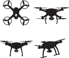 Four Stylish Black Silhouettes of Drones in Flight, Isolated on White Background Aerial Photography Mood vector