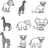 Adorable African Safari Animals Cute Line Art Drawings of Giraffes, Lions, Elephants, and More in a Whimsical Style vector