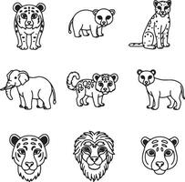 Adorable Line Art Drawings of Wild African Animals Elephant, Lion, Cheetah, and Leopard Cubs in a Serene White Setting vector