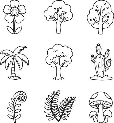 Charming Line Art Illustrations of Diverse Plants and Trees Flower, Palm, Fern, Cactus, and Mushrooms in a Whimsical Setting