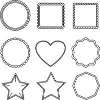 Nine Elegant Outline Frames Circle, Square, Heart, Star, and More for Charming Design Projects - Professional digital artwork with vibrant colors and detailed composition vector
