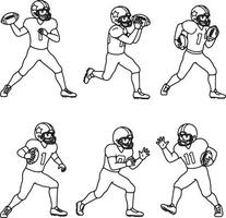 Six Energetic Line Drawings of American Football Players in Action, Displaying Dynamic Poses and Gameplay on a White Background vector
